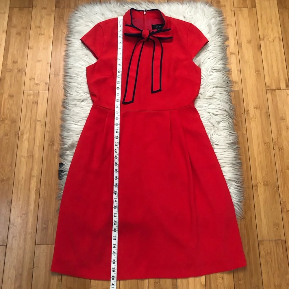 J Crew Bow Tie-neck 365 Crepe Fit & Flare Cap Sleeves Nautical Red Navy Dress 10